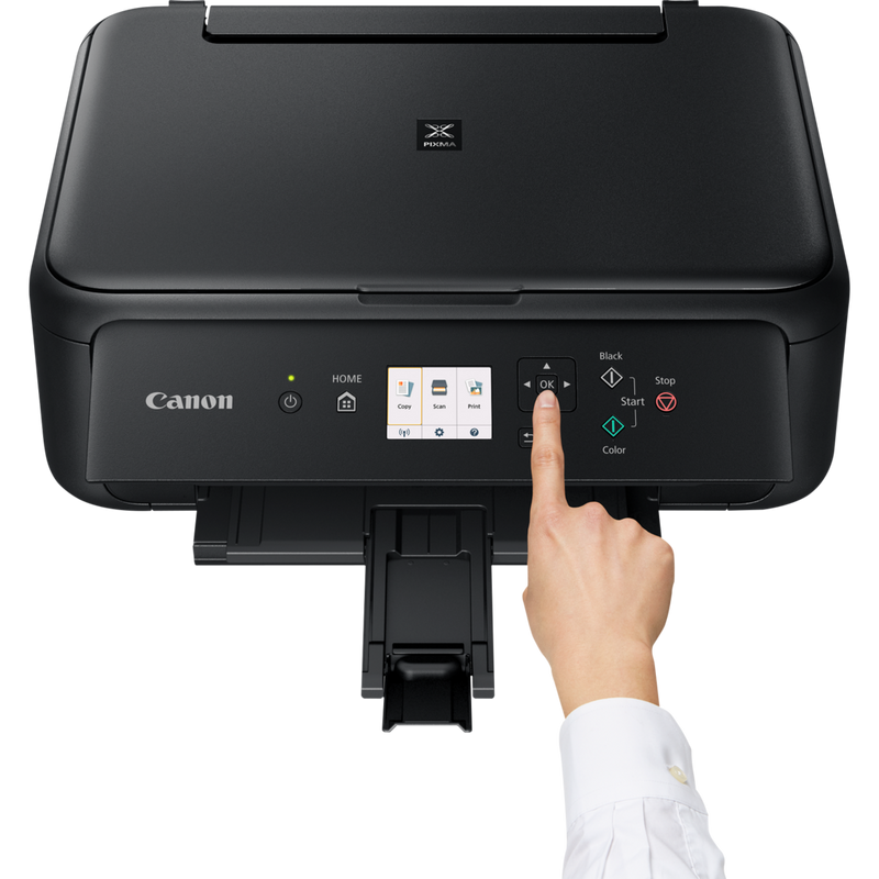 Canon PIXMA TS5150 - Noir Produit Vue avant, montrant une personne en train d'utiliser l'imprimante