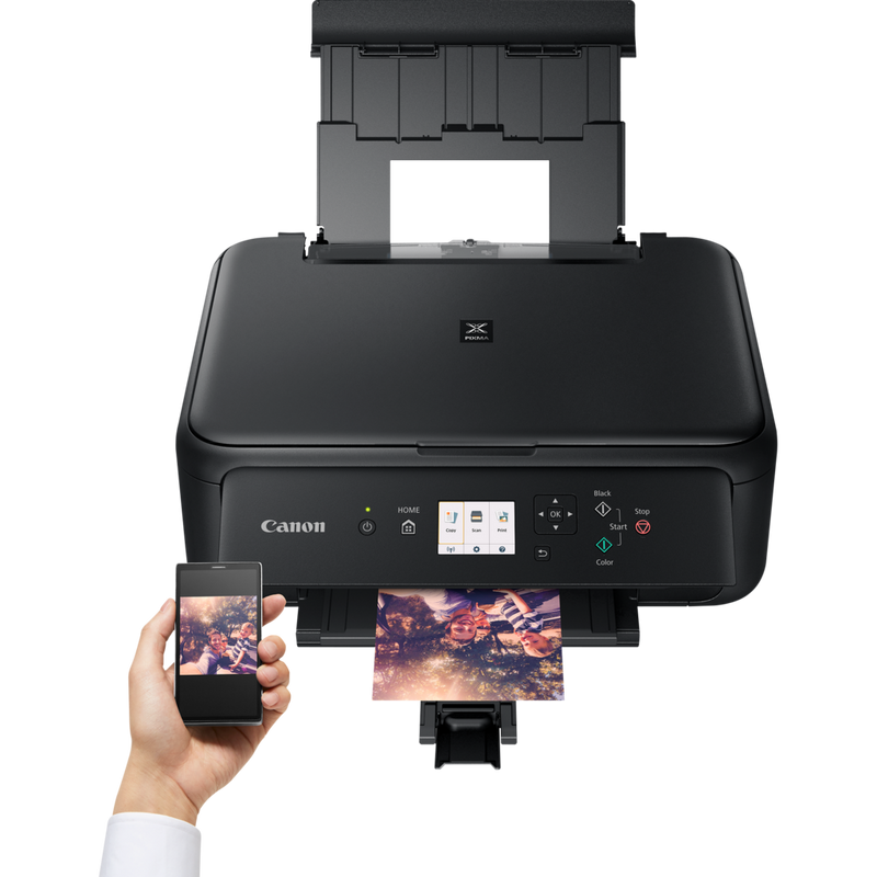 Canon PIXMA TS5150 - Noir Produit Vue avant, montrant une personne en train d'imprimer depuis un smartphone