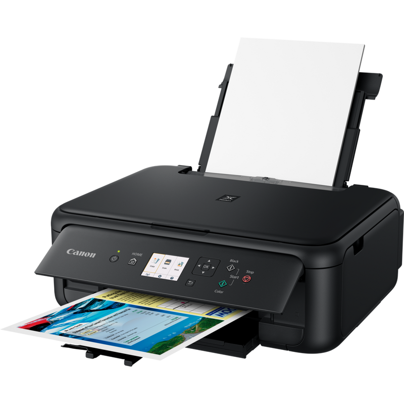 Canon PIXMA TS5150 - Noir Produit Vue avant inclinée, montrant le bac à papier déplié et le support papier
