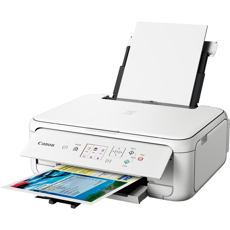Canon PIXMA TS5151 – Weiß Produkt Schrägansicht von vorne mit ausgeklapptem Papierfach und Papierstütze
