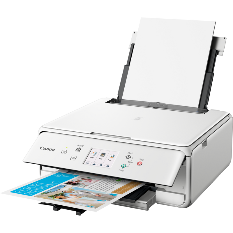 Canon PIXMA TS6151 - White Produkt Vy snett framifrån med utdraget pappersfack och pappersstöd