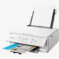 Canon PIXMA TS6151 - Blanca Producto Vista frontal inclinada con la bandeja de papel abierta y un soporte de papel