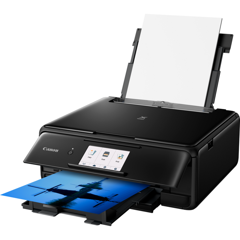 Canon PIXMA TS8150 - Black Product Front Slant View With Paper Tray Out And Paper Support
