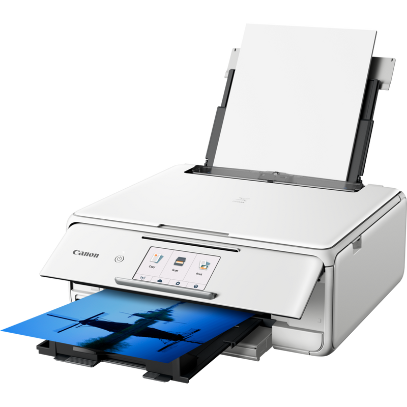 Canon PIXMA TS8151 - White Produkt Sett skrått forfra med papirskuff åpen og papirstøtte