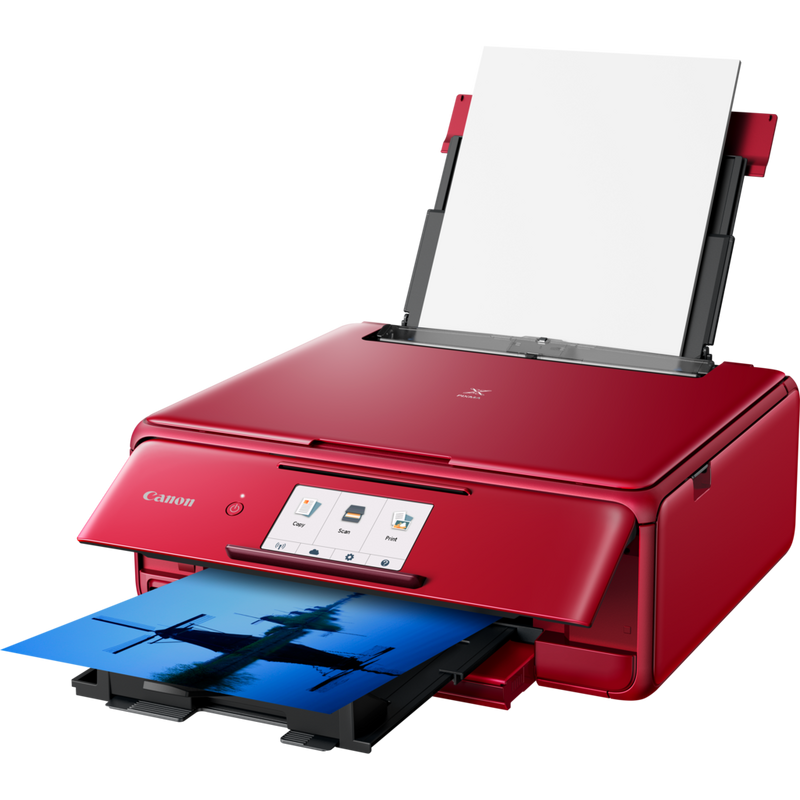 Canon PIXMA TS8152 – czerwona Produkt Widok z przodu pod skosem – wysunięta taca na papier i podpórka papieru