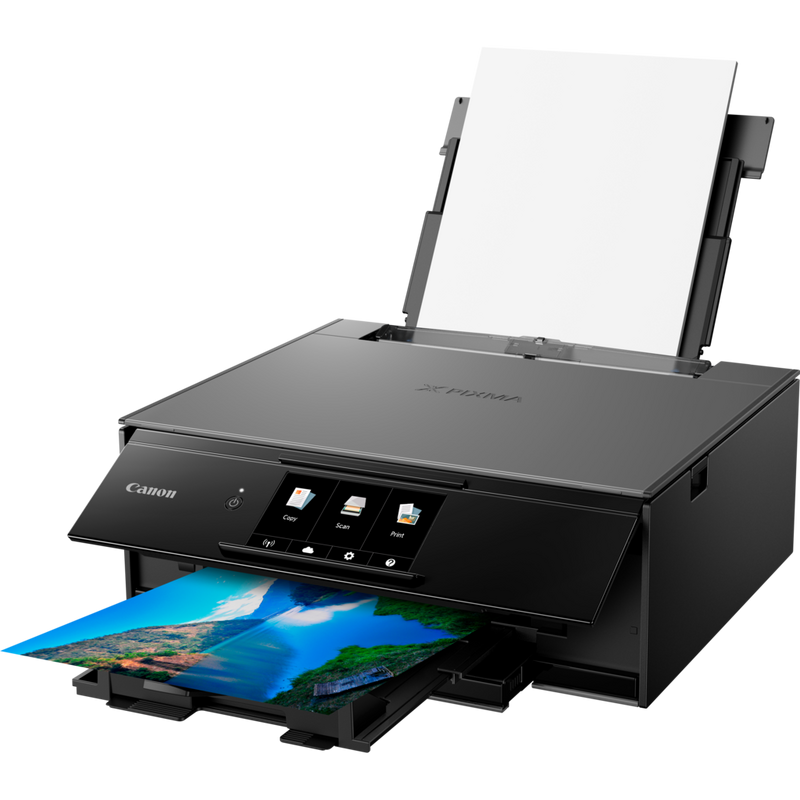 Canon PIXMA TS9140 - Dark Grey Product Front Slant View With Paper Tray Out And Paper Support