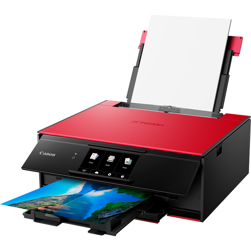 Canon PIXMA TS9155 Wireless Colour All in One Inkjet Photo Printer - Red Produkt Sett skrått forfra med papirskuff åpen og papirstøtte