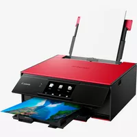 Canon PIXMA TS9155 - Rouge Produit Vue avant inclinée, montrant le bac à papier déplié et le support papier