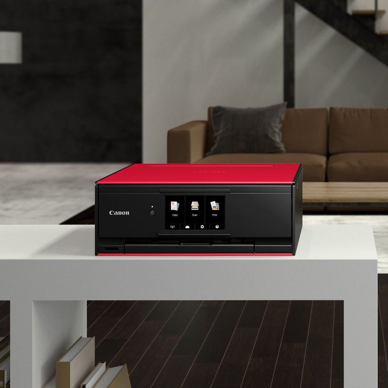 Canon PIXMA TS9155 Wireless Colour All in One Inkjet Photo Printer - Red  På et bord i en gang