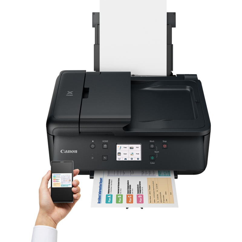 Canon PIXMA TR7550 Produkt Vy framifrån med en person som skriver ut från en smartphone
