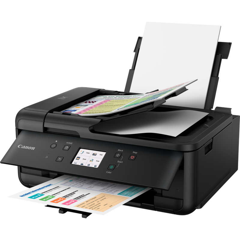 Canon PIXMA TR7550 Produkt Vy snett framifrån med utdraget pappersfack och pappersstöd