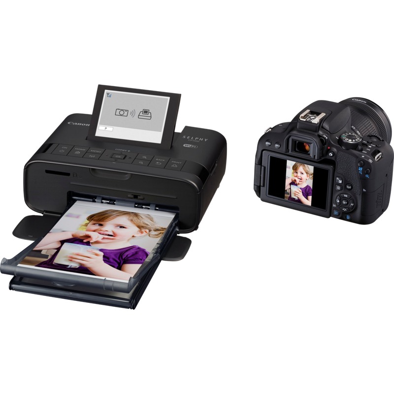 Canon SELPHY CP1300 – Schwarz Produkt Ansicht von rechts mit Druck und Kamera