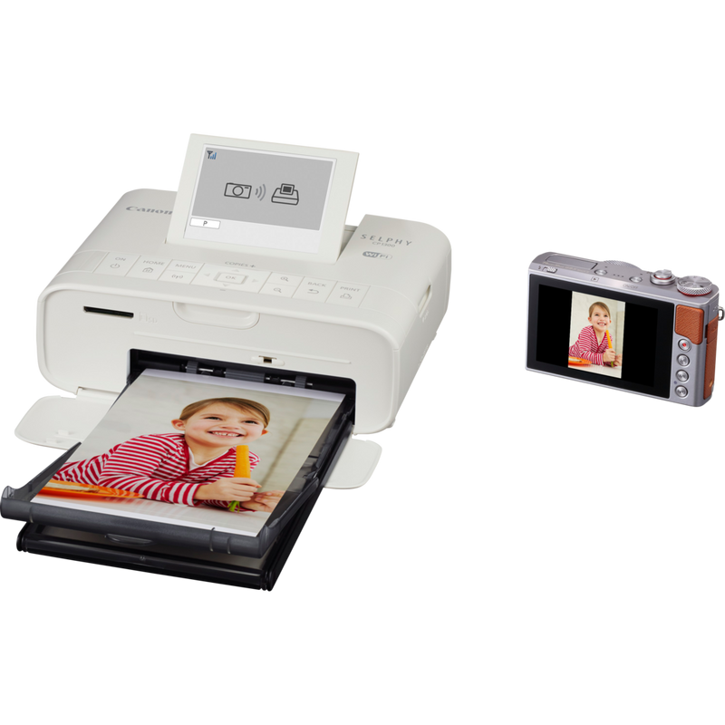 Canon SELPHY CP1300 Colour Portable Photo Printer - White Product Right View with Print and camera