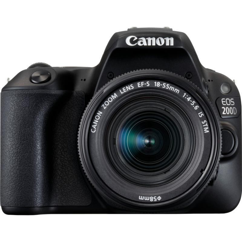Canon EOS 200D Black + 18-55mm f/4-5.6 IS STM Lens Black + Backpack + Spare Battery Product Front View
