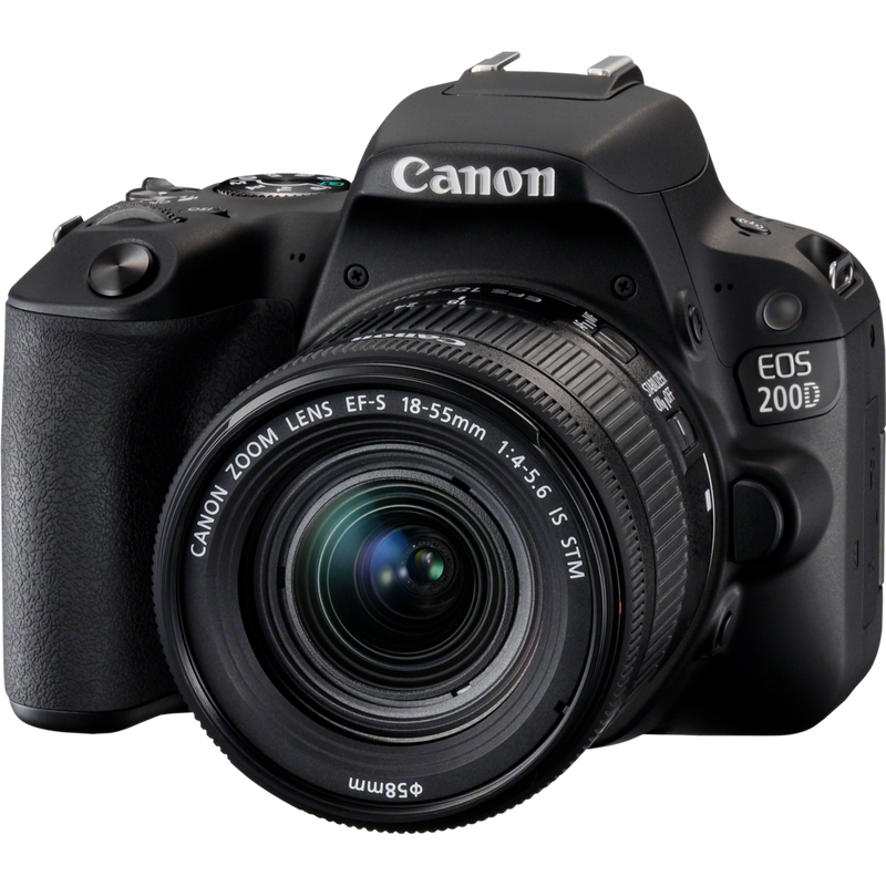 Canon EOS 200D Black + 18-55mm f/4-5.6 IS STM Lens Black + Backpack + Spare Battery Product Angled Front View