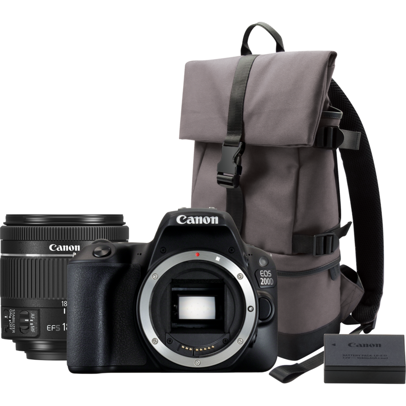 Canon EOS 200D Black + 18-55mm f/4-5.6 IS STM Lens Black + Backpack + Spare Battery Product Front View Of Camera Along With Its Kit Components