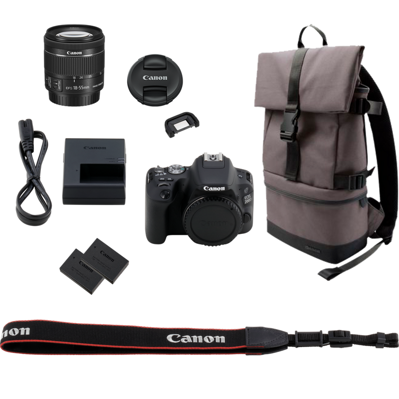 Canon EOS 200D Black + 18-55mm f/4-5.6 IS STM Lens Black + Backpack + Spare Battery Product What's In The Box