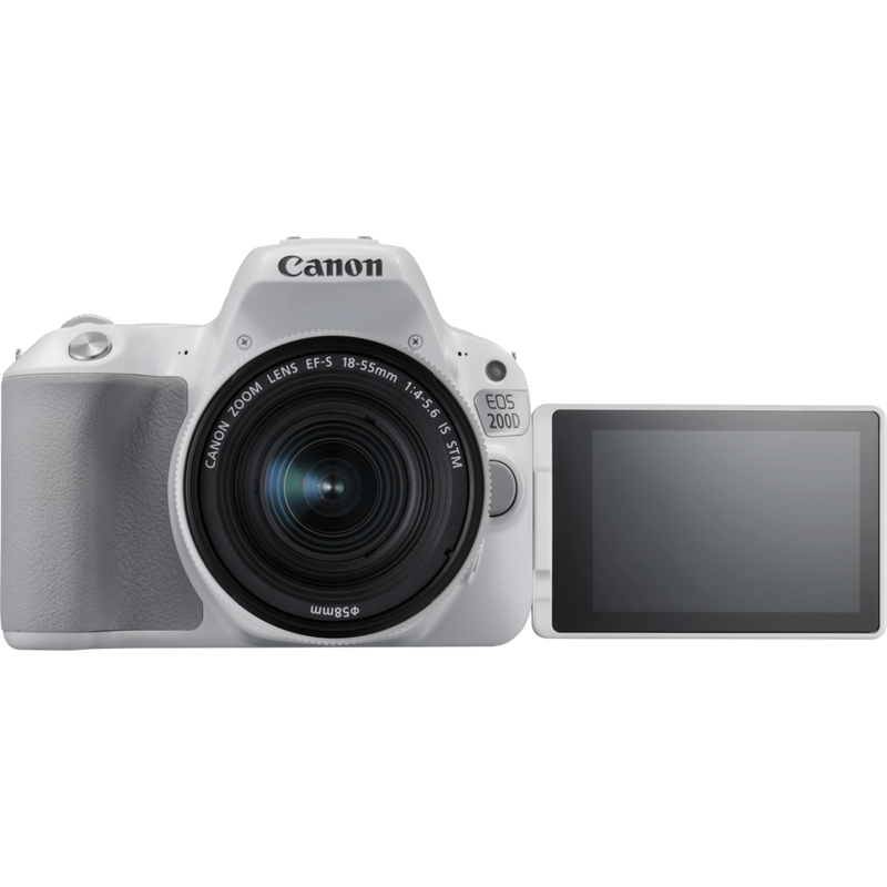 Canon EOS 200D White + EF-S 18-55mm f/4-5.6 IS STM Lens Silver Product Front View With Open Screen