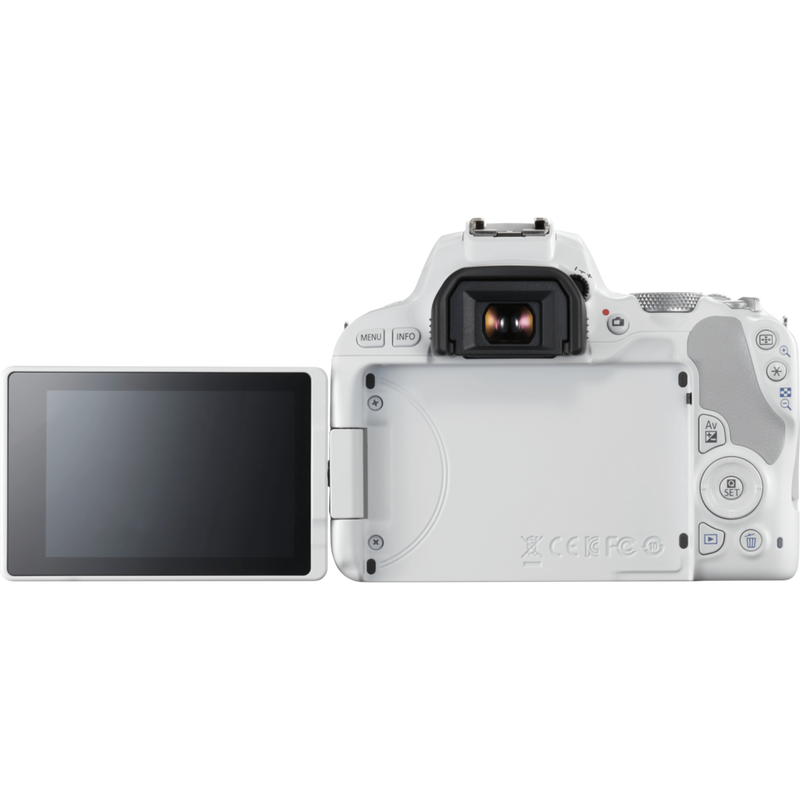 Canon EOS 200D White + EF-S 18-55mm f/4-5.6 IS STM Lens Silver Product Back View With Open Screen