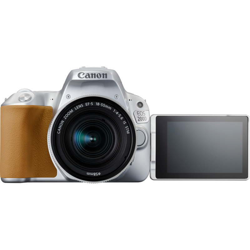 Canon EOS 200D Silver + EF-S 18-55mm f/4-5.6 IS STM Lens Silver Product Front View With Open Screen