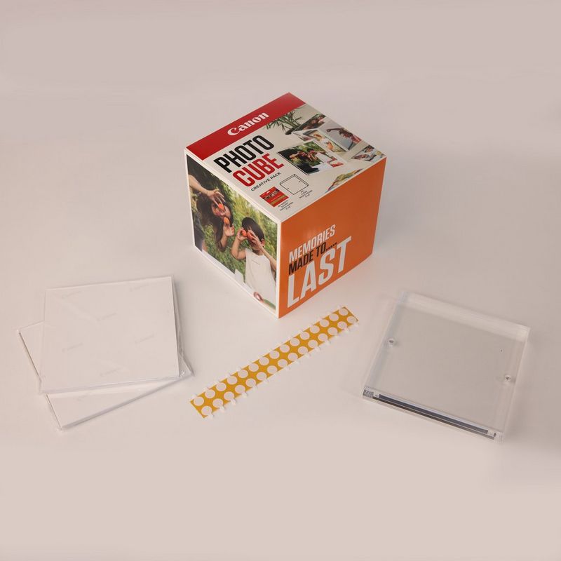 Canon Photo Cube and Frame + PP-201 5x5” Photo Paper Plus Glossy II (40 sheets) - Creative Pack, Orange Product Front view with kit components