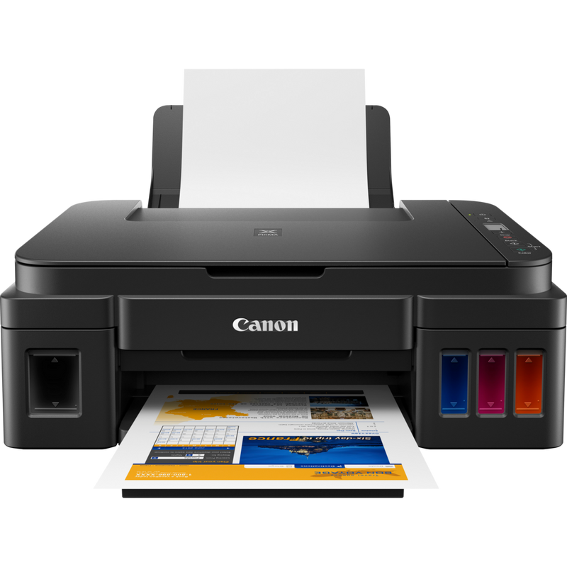 Canon PIXMA G2411 printer + Extra Black Ink Product Front View With Paper Tray Out And Paper Support