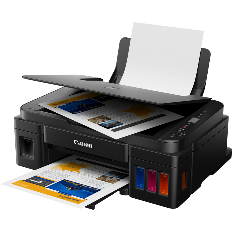 Canon PIXMA G2411 printer + Extra Black Ink Product Front Slant View With Paper Tray Out And Paper Support