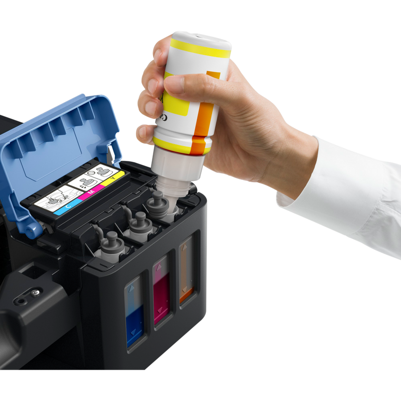 Canon PIXMA G2411 printer + Extra Black Ink Product Front View with A Person Refilling the Yellow Ink Tank