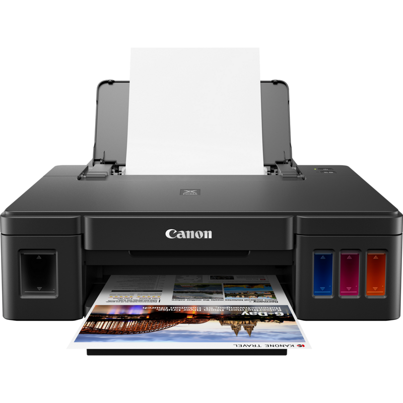 Canon PIXMA G1410 Refillable MegaTank Printer Product Front View With Paper Tray Out And Paper Support