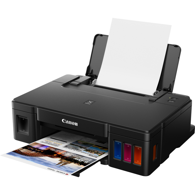 Canon PIXMA G1410 Refillable MegaTank Printer Product Front Slant View With Paper Tray Out And Paper Support