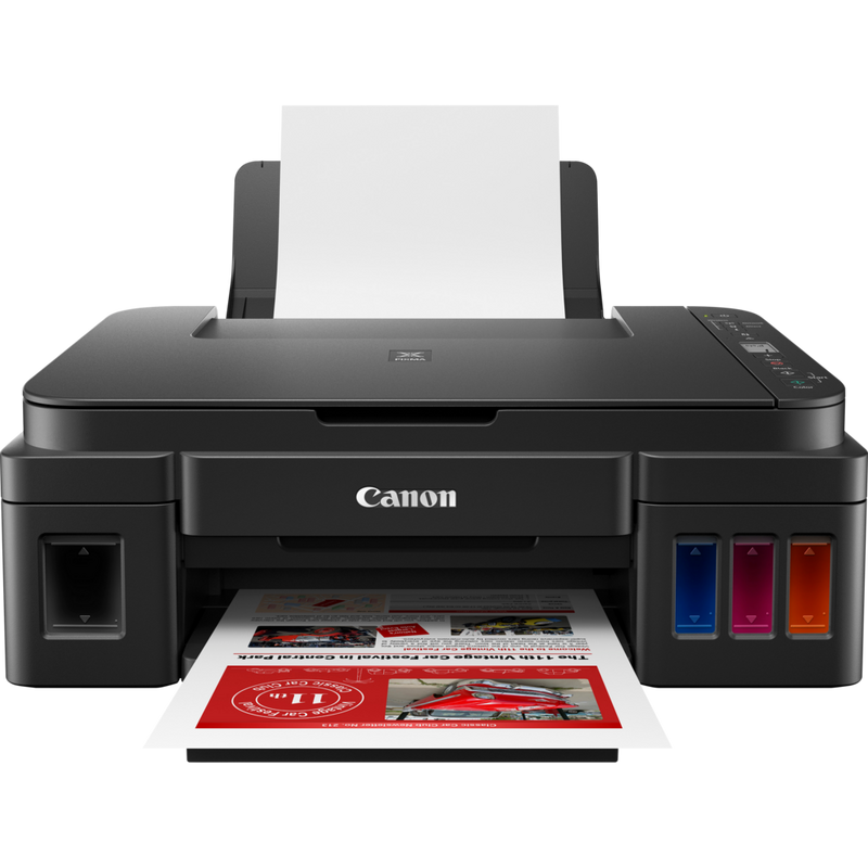 Canon PIXMA G3411 Printer + Extra Black Ink Product Front View With Paper Tray Out And Paper Support
