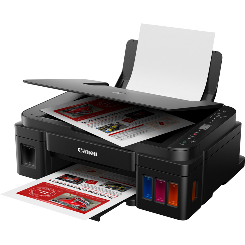 Canon PIXMA G3411 Printer + Extra Black Ink Product Front Slant View With Paper Tray Out And Paper Support