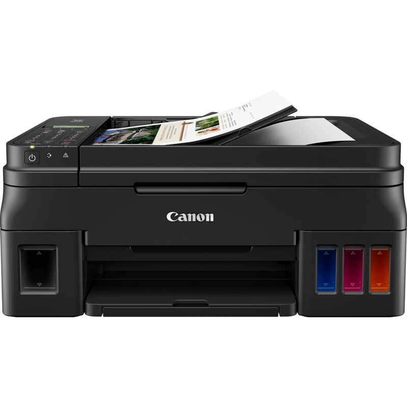 Canon PIXMA G4411 Refillable MegaTank Printer + Extra Black In Product Front View With Paper Support