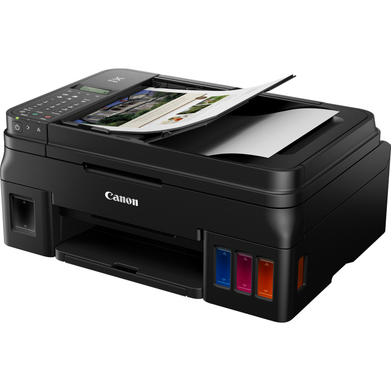 Canon PIXMA G4411 Refillable MegaTank Printer + Extra Black In Product Front Slant View With Paper Support