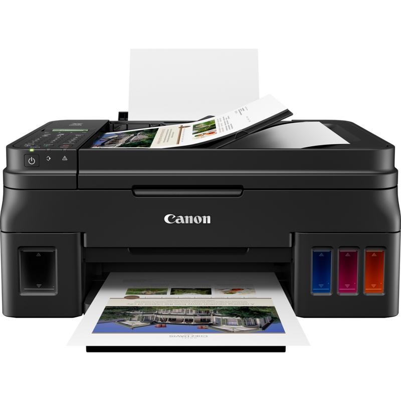 Canon PIXMA G4411 Refillable MegaTank Printer + Extra Black In Product Front View With Paper Tray Out And Paper Support