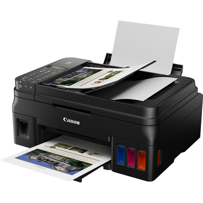Canon PIXMA G4411 Refillable MegaTank Printer + Extra Black In Product Front Slant View With Paper Tray Out And Paper Support