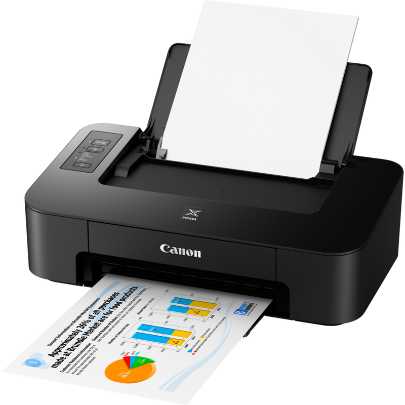 Canon PIXMA TS204 Printer Product Front Slant View With Paper Tray Out And Paper Support