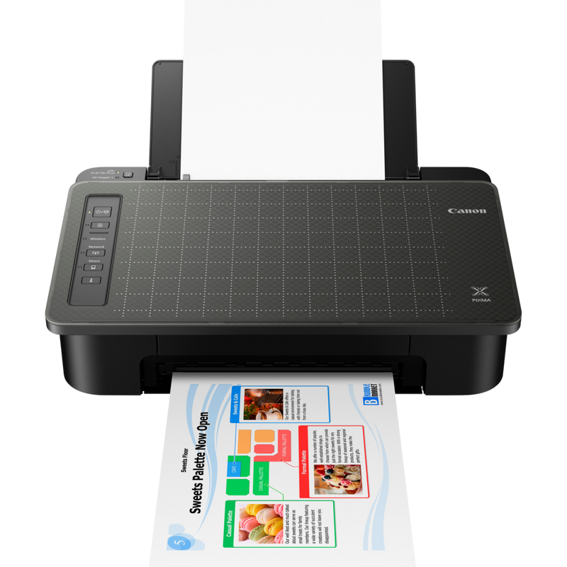 Canon PIXMA TS304 Printer Product Front View With Paper Tray Out And Paper Support