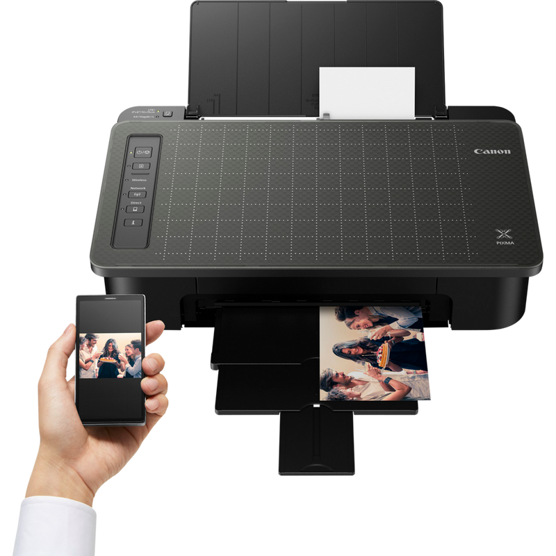Canon PIXMA TS304 Printer Product Front View With A Person Printing From a Smartphone