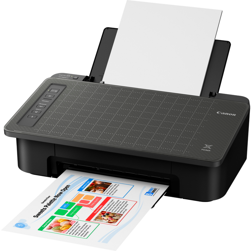 Impresora Canon PIXMA TS305 Producto Vista frontal inclinada con la bandeja de papel abierta y un soporte de papel