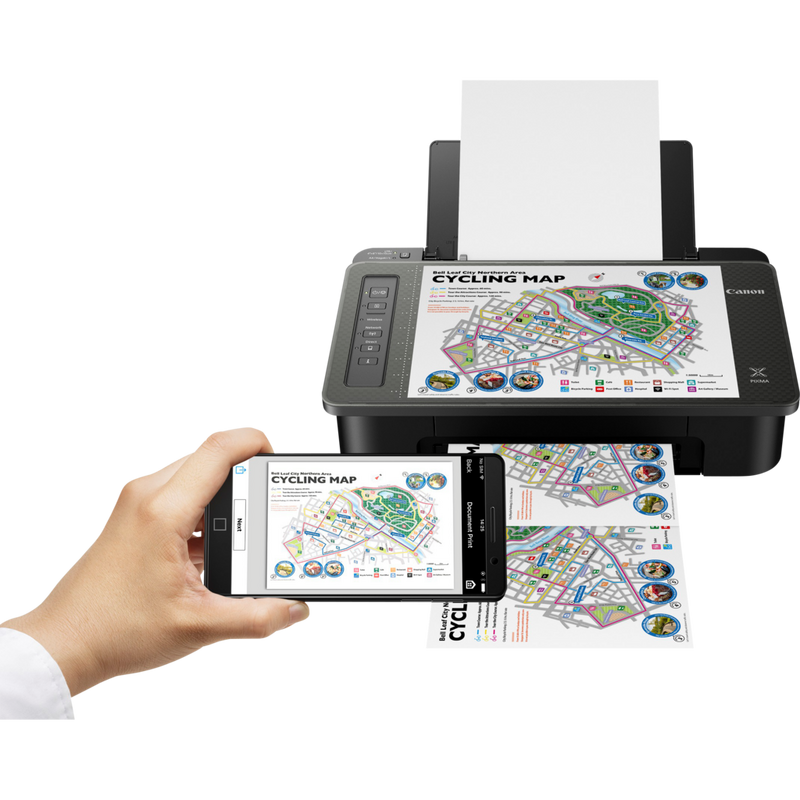 Impresora Canon PIXMA TS305 Producto Vista frontal con la bandeja de papel abierta, un soporte de papel y una imagen de la impresión en un smartphone