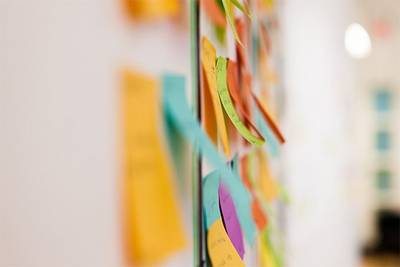 Coloured postit notes on a whiteboard