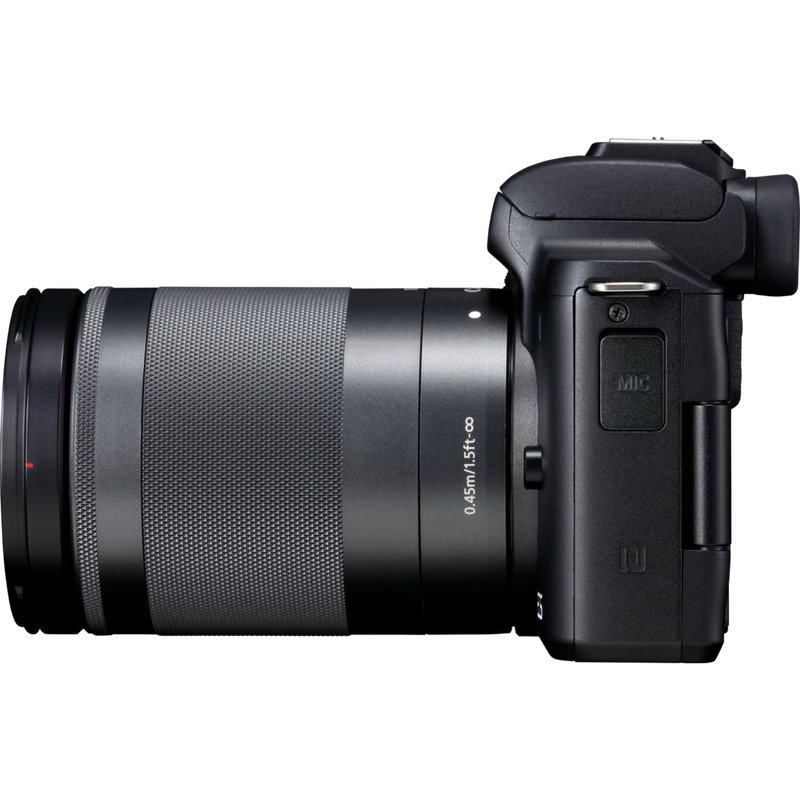 Canon EOS M50-kamerahus + EF-M 18-150mm IS STM – sort Produkt Set fra venstre