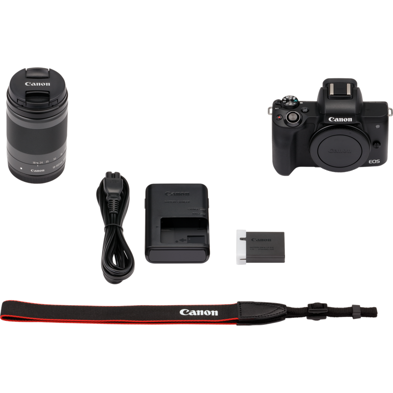 Canon EOS M50-kamerahus + EF-M 18-150mm IS STM – sort Produkt Kassens indhold