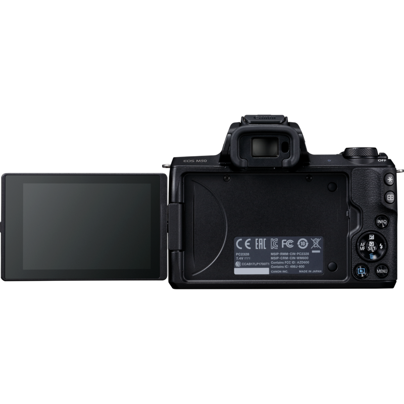 Canon EOS M50 Gehäuse – Schwarz Produkt Rückansicht mit dem erweiterten dreh- und schwenkbaren Display