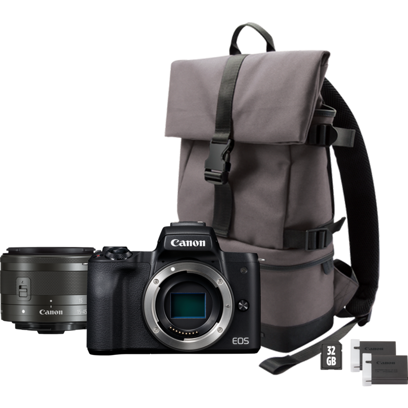 Canon EOS M50, Black + EF-M 15-45mm IS STM + Backpack + SD Card + Spare Battery Product Front View of the Kit Content