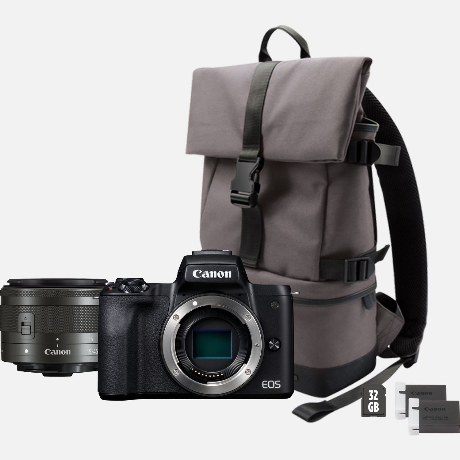 Appareil photo hybride - Canon EOS M50 noir + EF-M 15-45mm IS STM + sac à dos + carte SD + batterie 