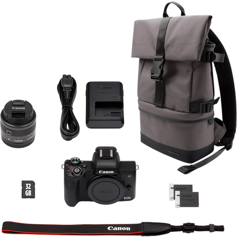 Canon EOS M50, svart + EF-M 15-45mm IS STM + ryggsäck + SD-kort + extrabatteri Produkt Medföljer leveransen