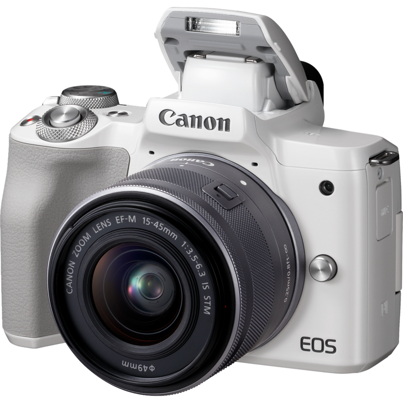 Canon EOS M50 White + EF-M 15-45mm IS STM Lens Silver Product Diagonal View with Built-in Flash