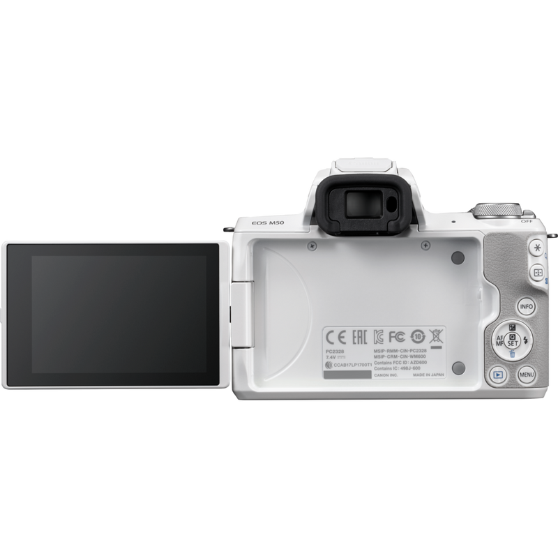Canon EOS M50 White + EF-M 15-45mm IS STM Lens Silver Product Back View with the Vari-Angle Screen Extended